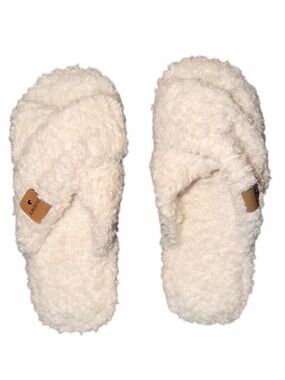 GOEWY Fuzzy Slippers Women Cream Cross Band Open Toe Memory Foam Size 9-10 NWOB